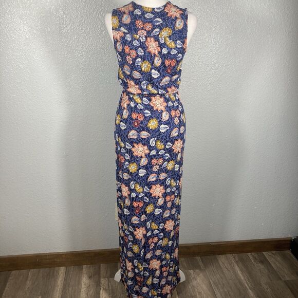 Whimsical Lucky Brand Maxi Dress Blue Festivals Boho Floral Slit Front XS - Picture 5 of 9